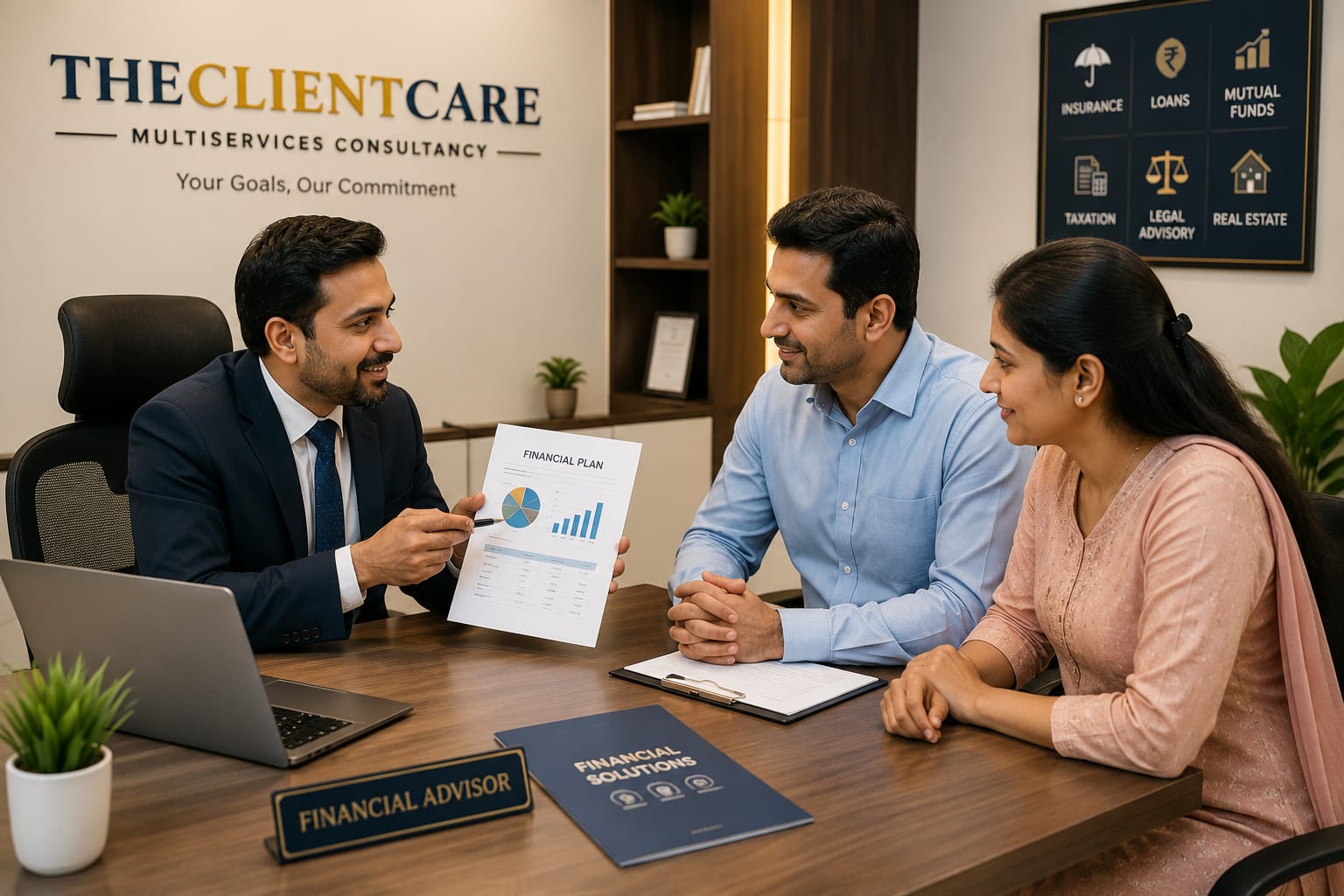 Financial advisor consulting clients at THECLIENTCARE